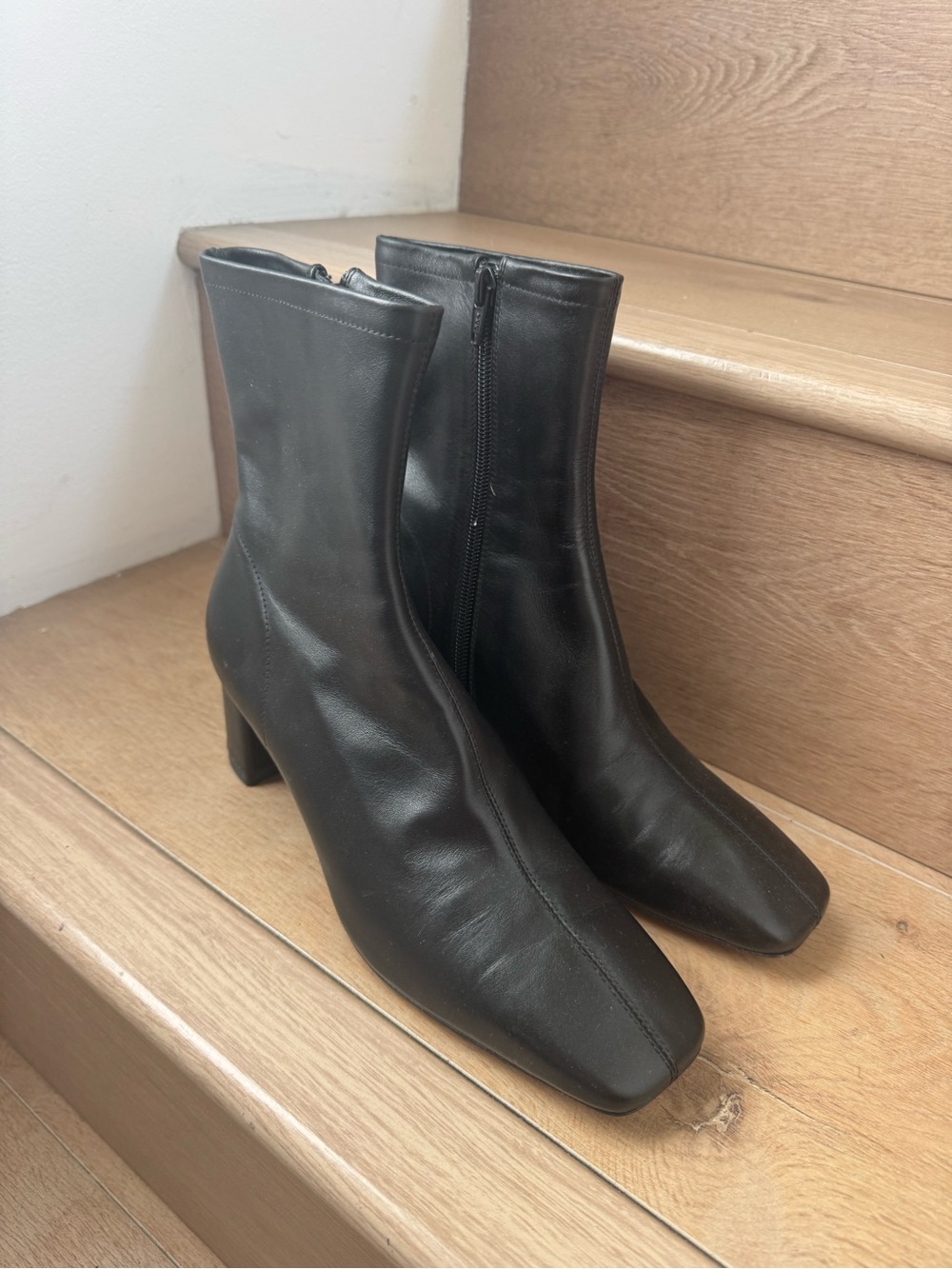 BY FAR Black Square-Toe Mid-Calf Leather Boots